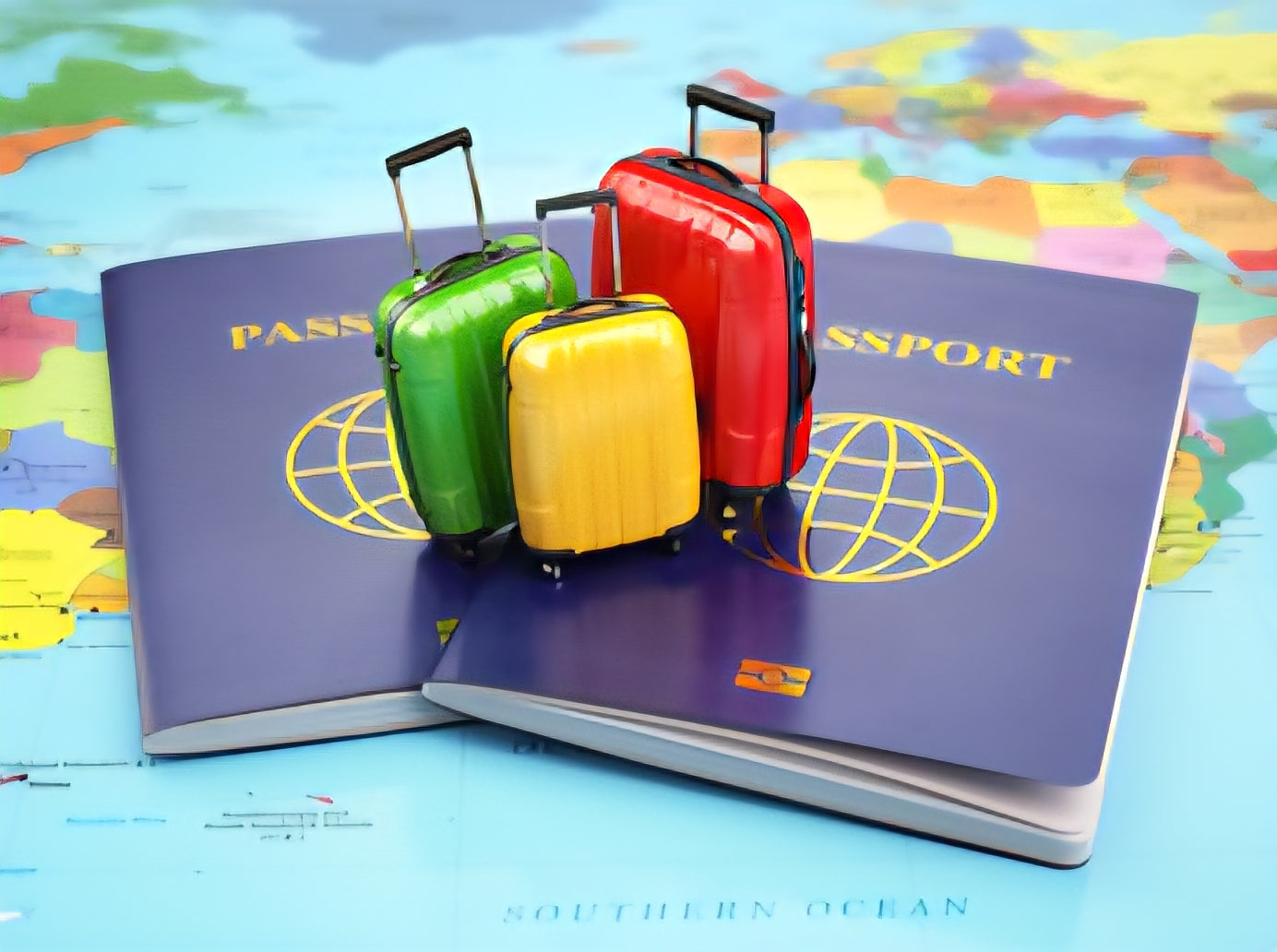 Passport, Suitcases, World Map